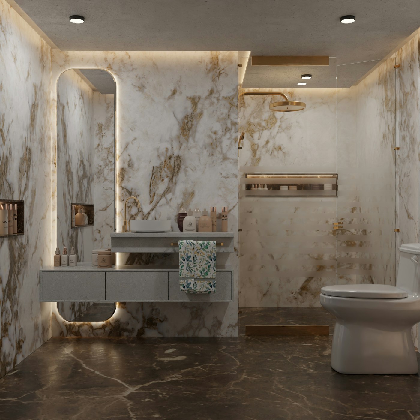 Elegant bathroom with marble walls and modern fixtures