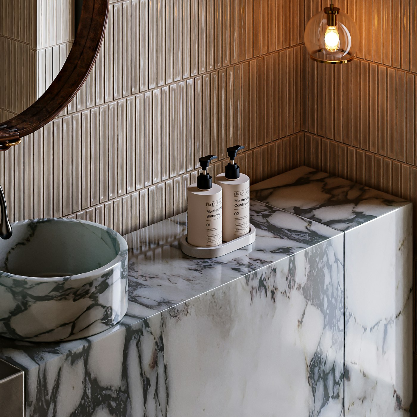 Modern bathroom vanity with marble countertop